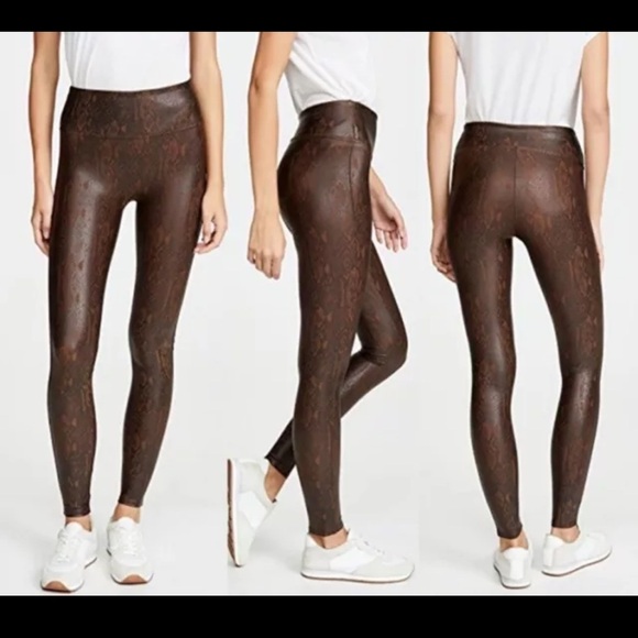 Spanx Leggings Women Medium Faux Leather Brown Animal Print Python Snake B29 - Picture 1 of 7